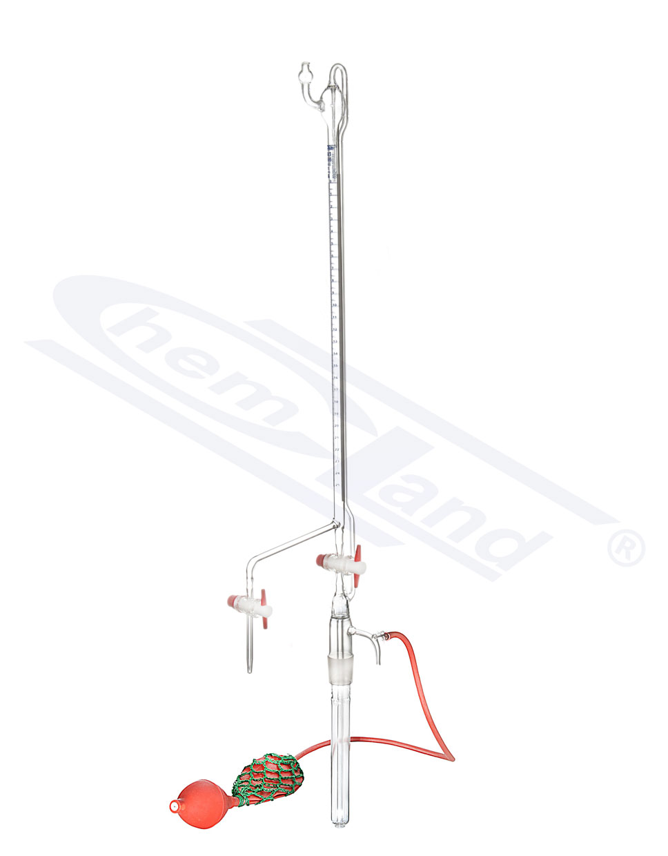 biureta Pelleta z gruszką CHEMLAND NEW LINE 2xkrany PTFE 10 kl AS 0,05 z paskiem