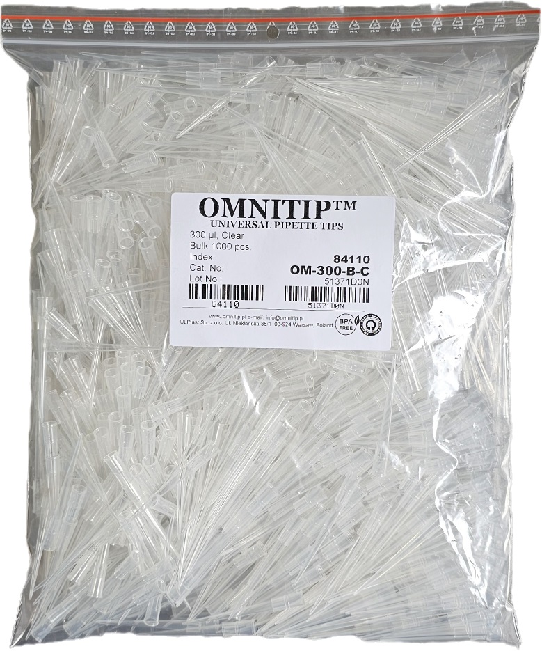 końcówki Omnitip do pipet, poj. 1-200 µl, dł. 58,5 mm, bezbarwne, w pojemnikach typu rack, sterylne z filtrem, op.10x96=960szt