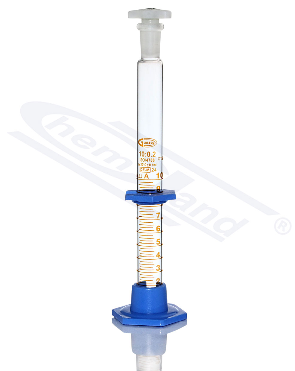 cylinder z korkiem PP, stopa PP, Kl A CERTYFIKAT  0010ml, szlif 10/19,  skala brązowa  GLASSCO