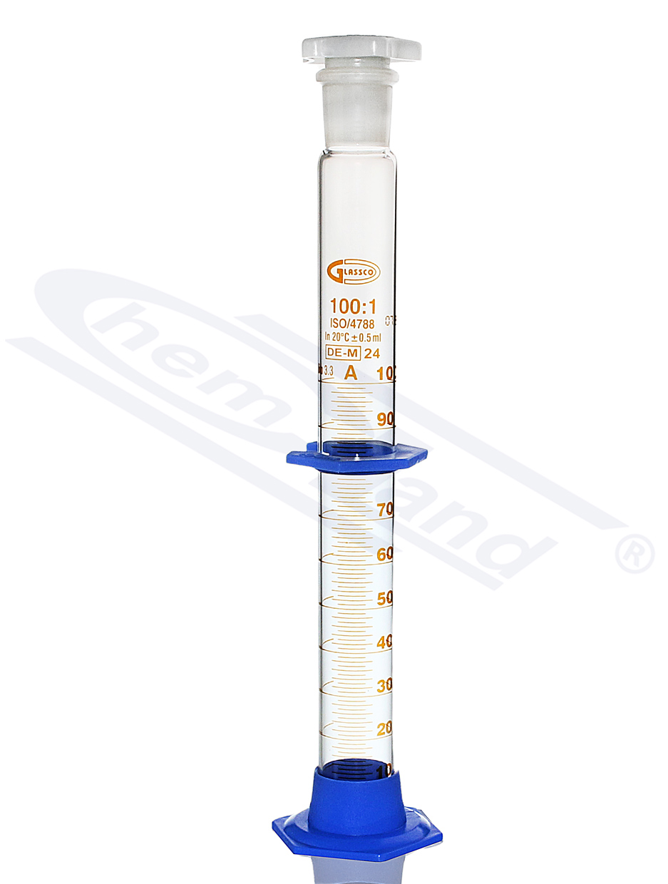 cylinder z korkiem PP, stopa PP, Kl A CERTYFIKAT  0100ml, szlif 24/29, skala brązowa  GLASSCO