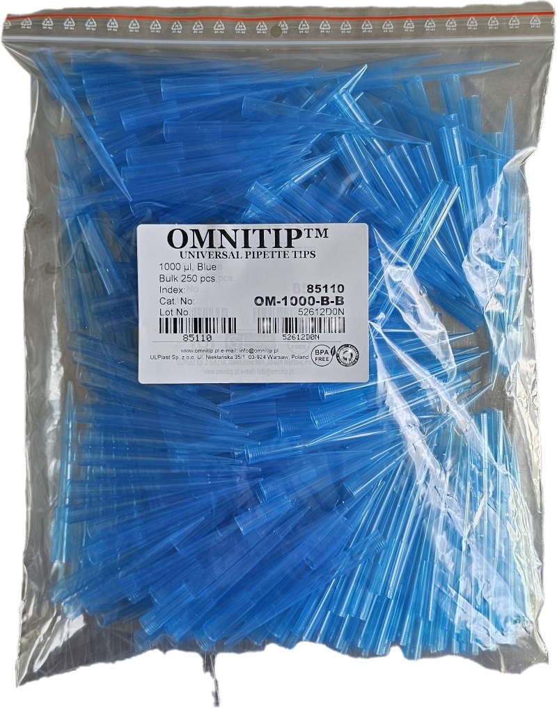 końcówki Omnitip do pipet, poj. 100-1000 µl, dł. 83 mm, niebieskie, pakowane w worku, op.250szt