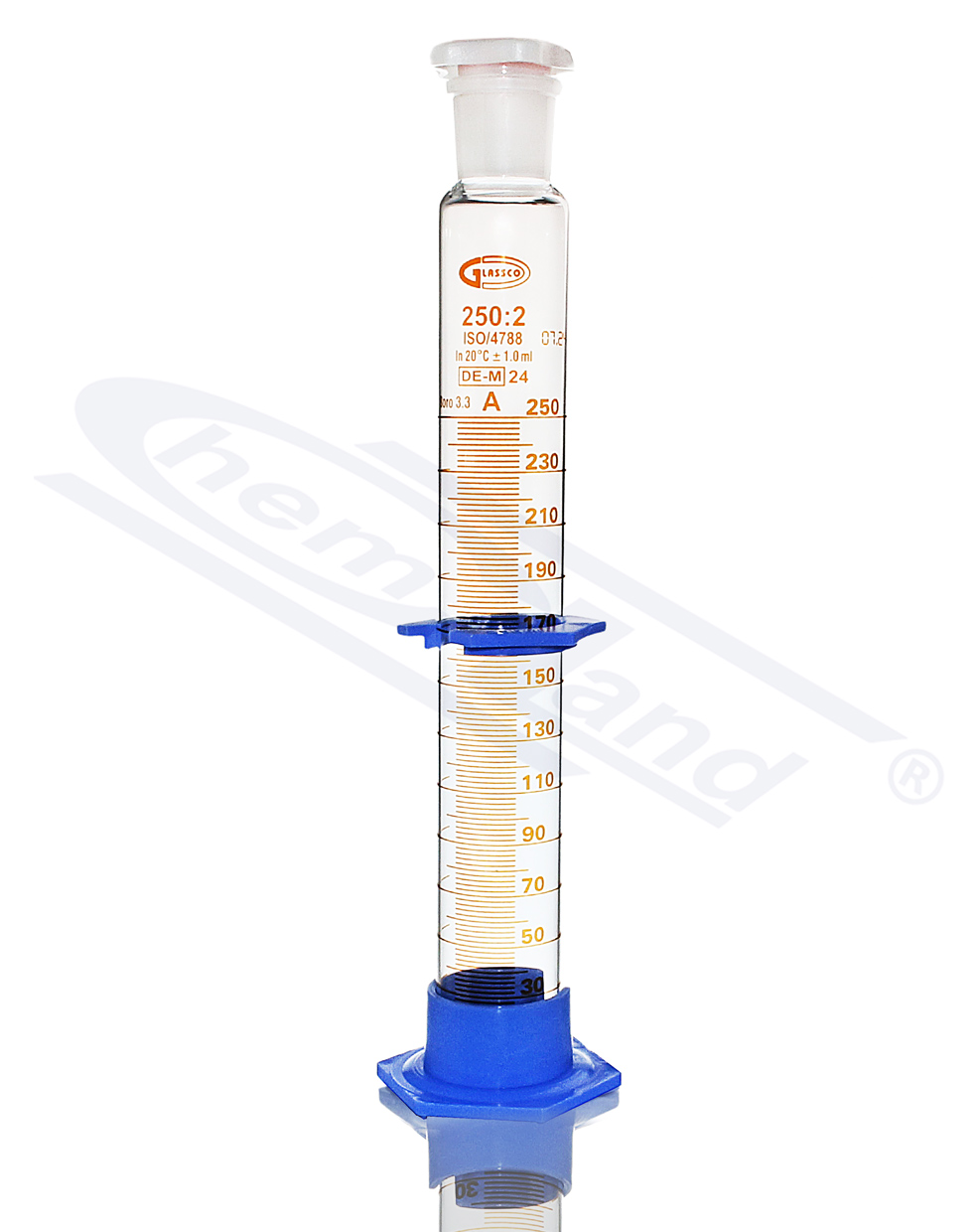 cylinder z korkiem PP, stopa PP, Kl A CERTYFIKAT  0250ml, szlif 29/32, skala brązowa  GLASSCO