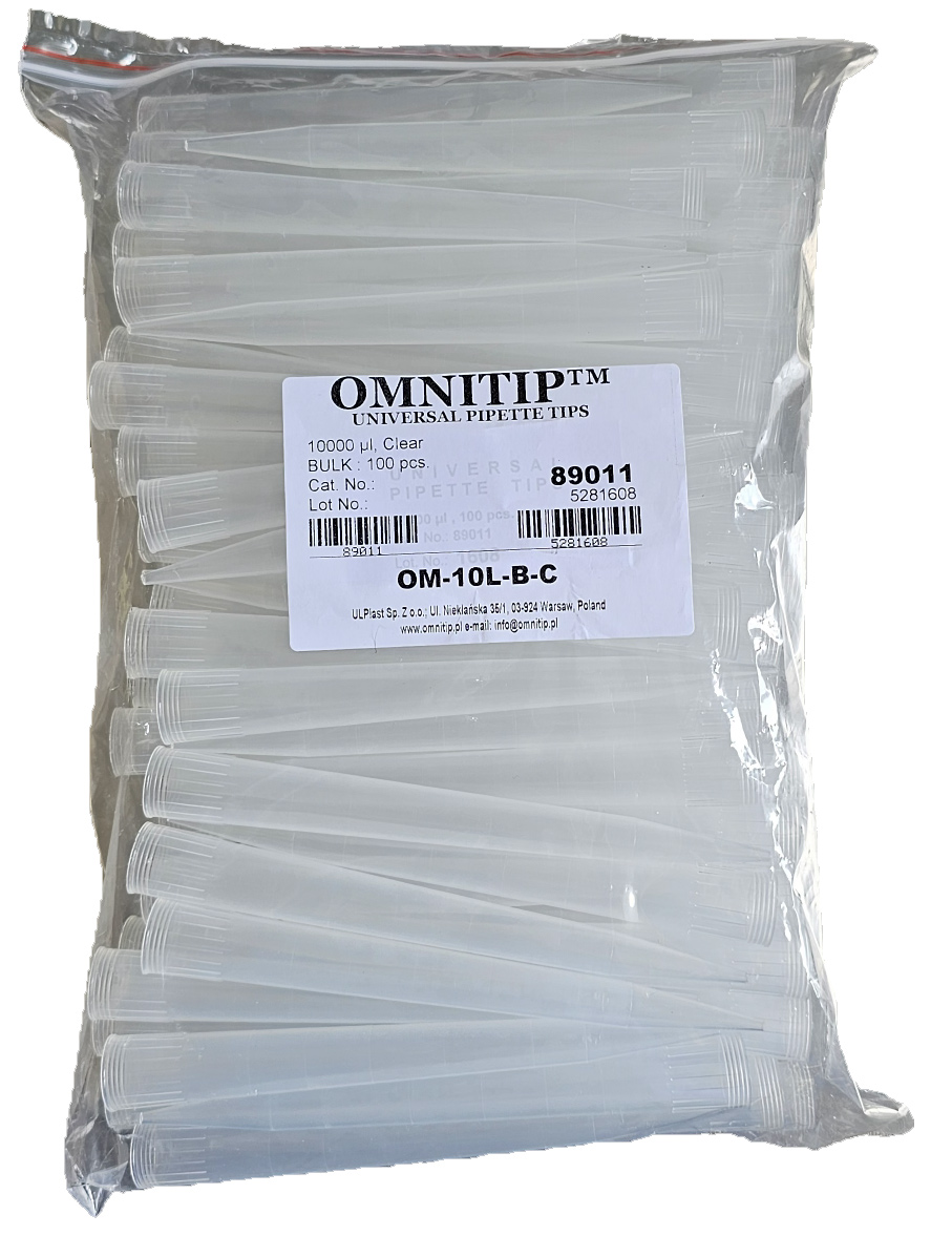 końcówki Omnitip do pipet, poj. 500-10000 µl, dł. 154,4 mm, bezbarwne, pakowane w worku, sterylne bez filtra, op.100szt