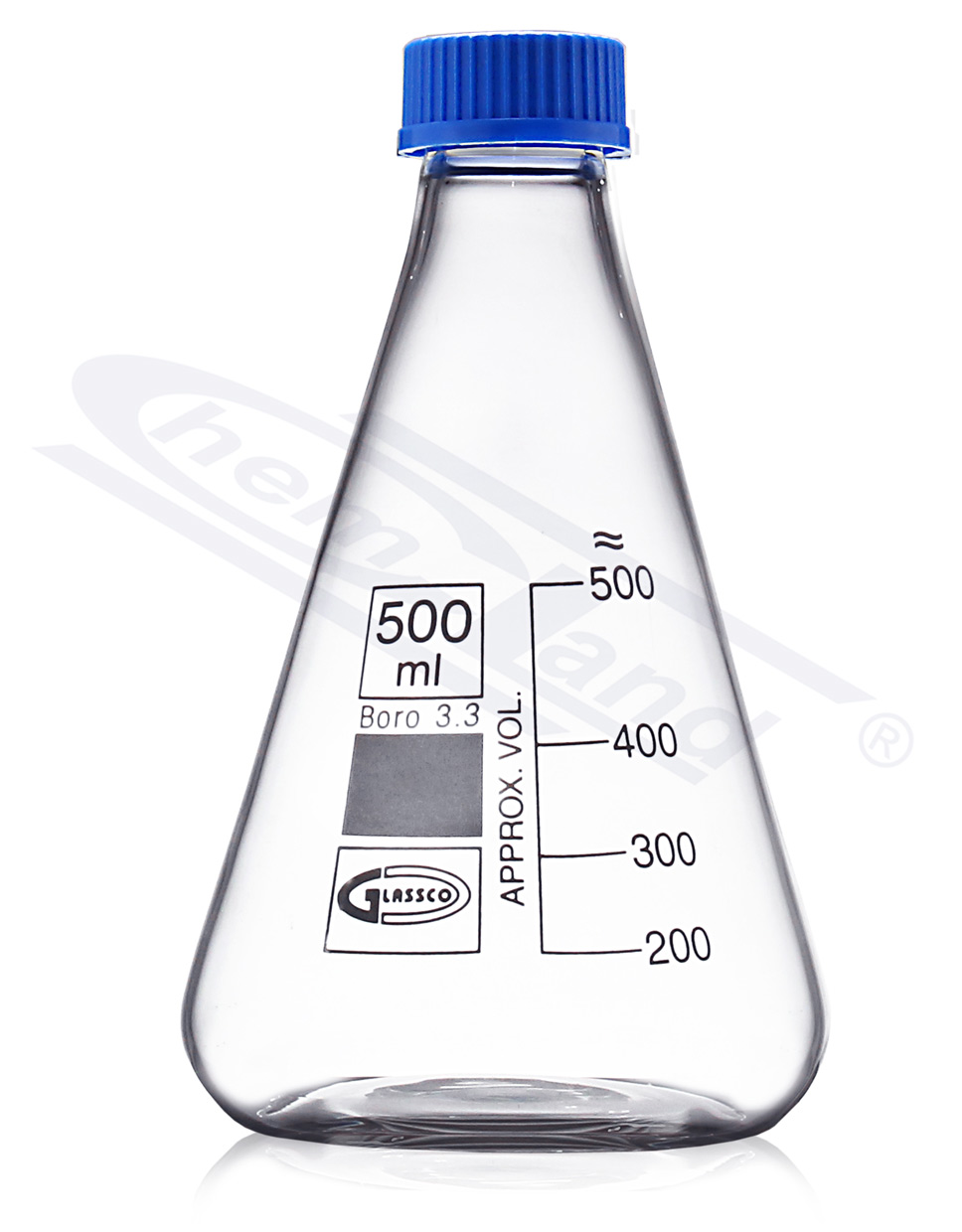 kolba stożkowa Erlenmeyera szklana z niebieską nakrętką z uszczelką PTFE 1000ml GL32 ASTM E-438