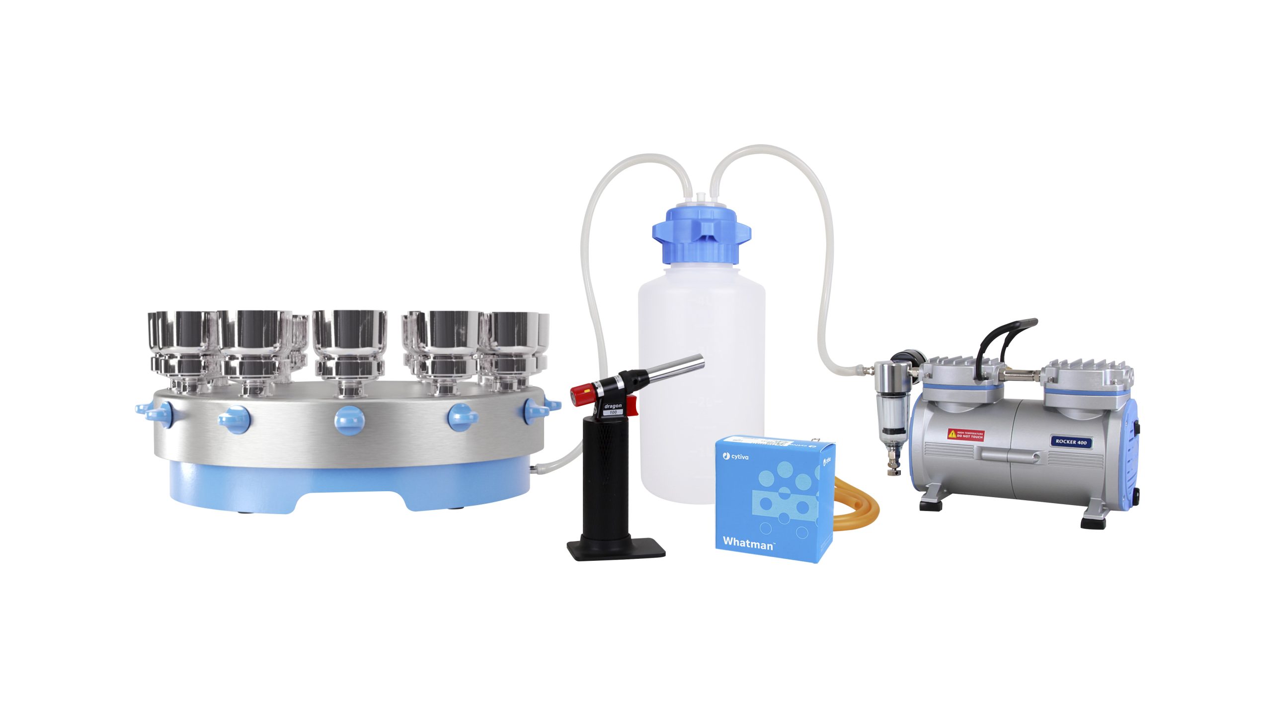 zestaw filtracyjny SolarVac 1201-MB-T, 12 miejscowy-listwa z lejami ze stali nierdzewnej 100ml , pompa Rocker 400, butla próżniowa 4L, palnik Dragon 100, filtry MCE 47/50um Rocker