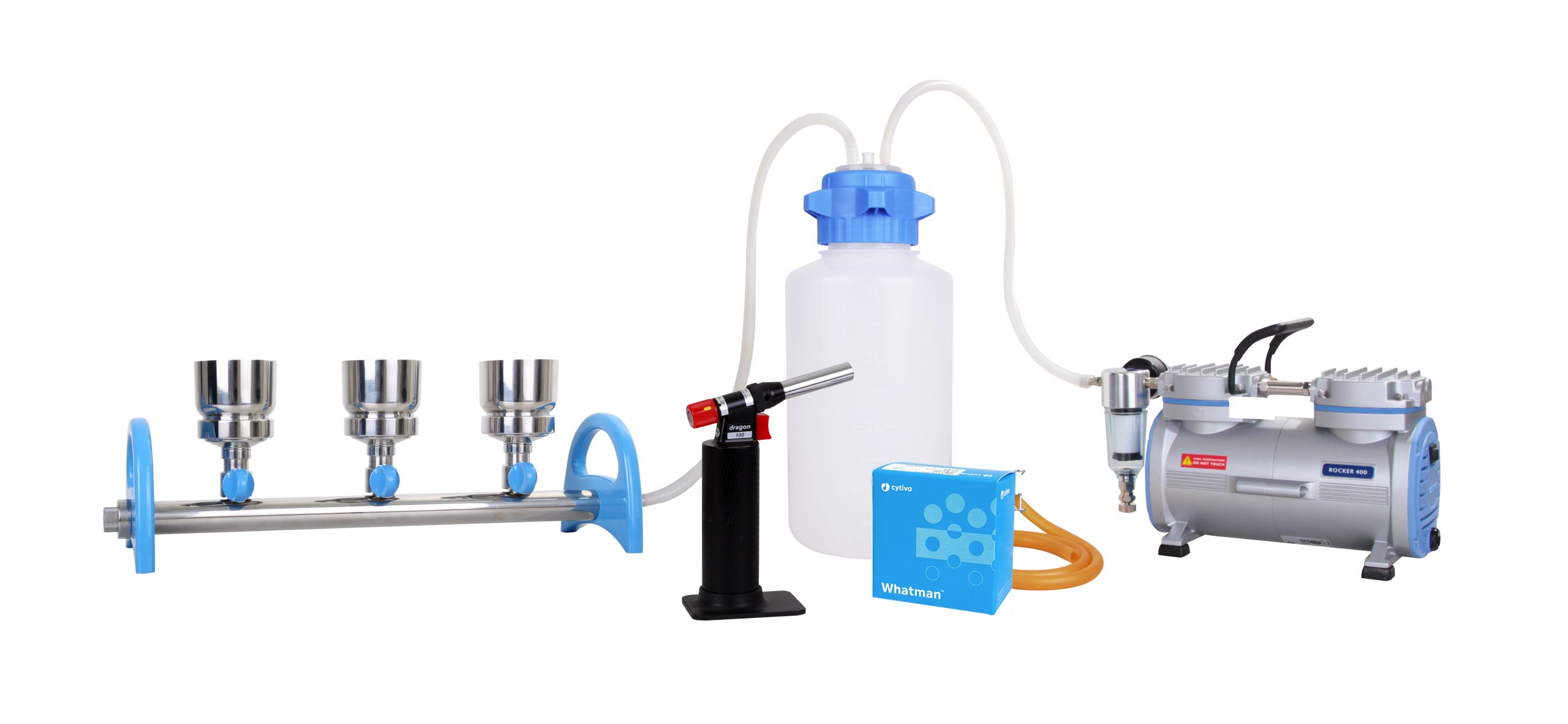 zestaw filtracyjny MultiVac 301-MB-T, 3 miejscowy-listwa z lejami ze stali nierdzewnej 100ml, pompa Rocker 400, butla próżniowa 4L, palnik Dragon 100, filtry MCE 47/50um Rocker