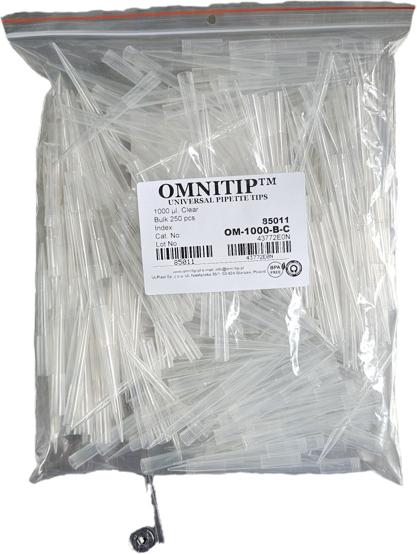 końcówki Omnitip do pipet, poj. 100-1000 µl, dł. 83 mm, bezbarwne, pakowane w worku, op.250szt