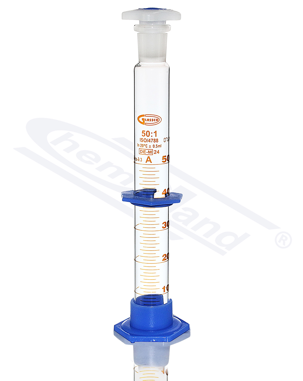 cylinder z korkiem PP, stopa PP, Kl A CERTYFIKAT  0050ml, szlif 19/26,  skala brązowa  GLASSCO