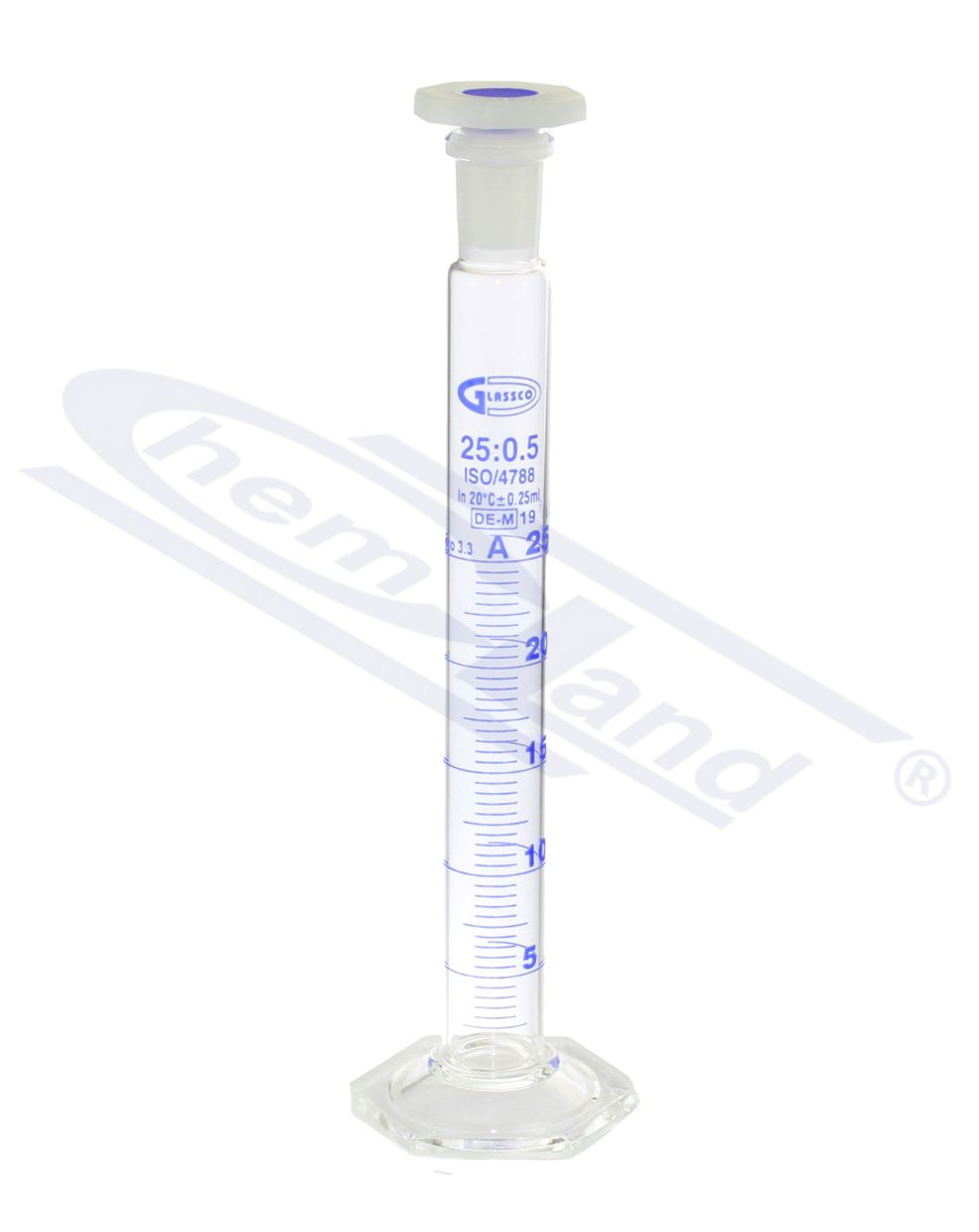 cylinder z korkiem PP Kl A CERTYFIKAT  0025ml, szlif 14/23 GLASSCO