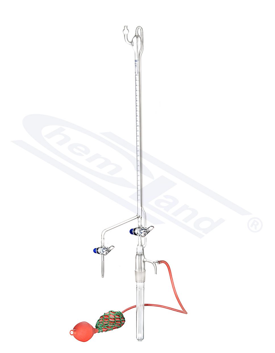 biureta Pelleta z gruszką CHEMLAND NEW LINE 2xkrany szklane 25 kl AS 0,10 z paskiem
