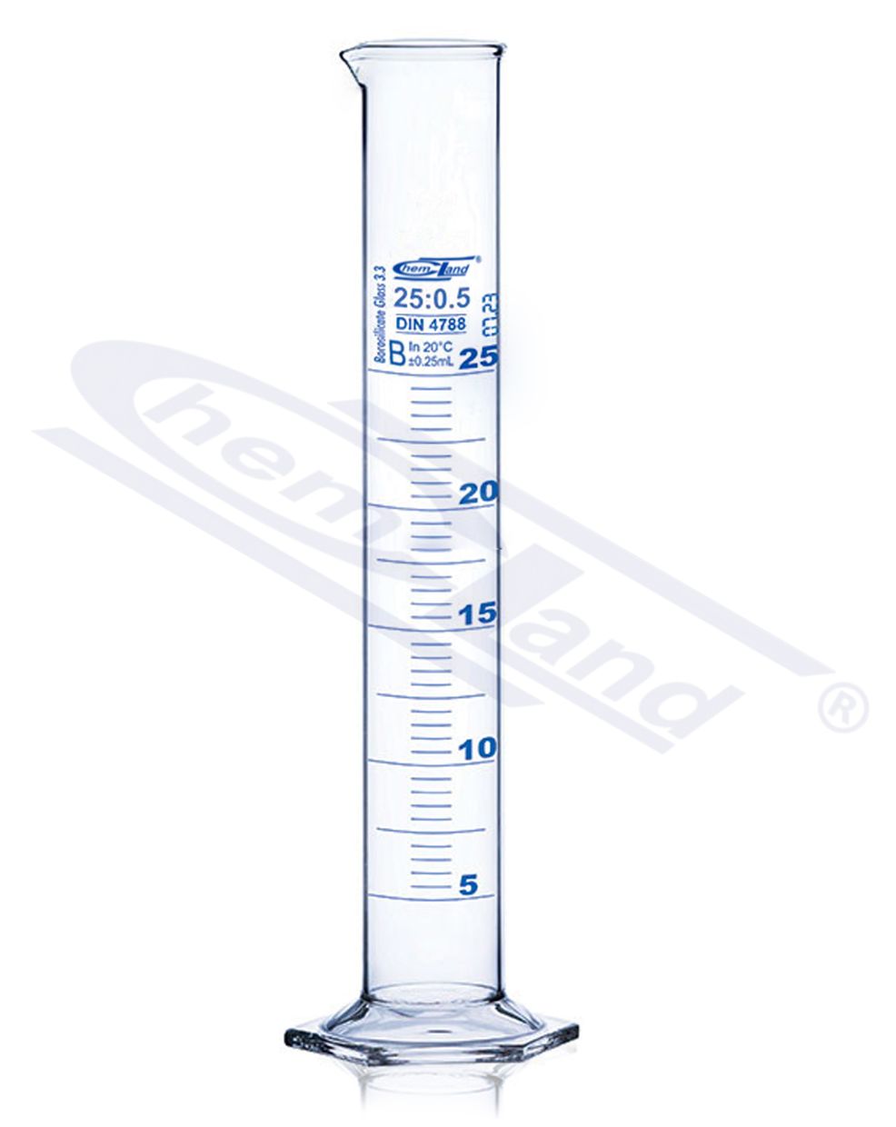 cylinder miarowy CHEMLAND NEW LINE Kl B 0250 ml stopa szklana sześciokątna, skala niebieska