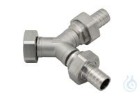 Twin distributing adapter G 1 1/4 with barbed fittings for tubing 1 inner dia.