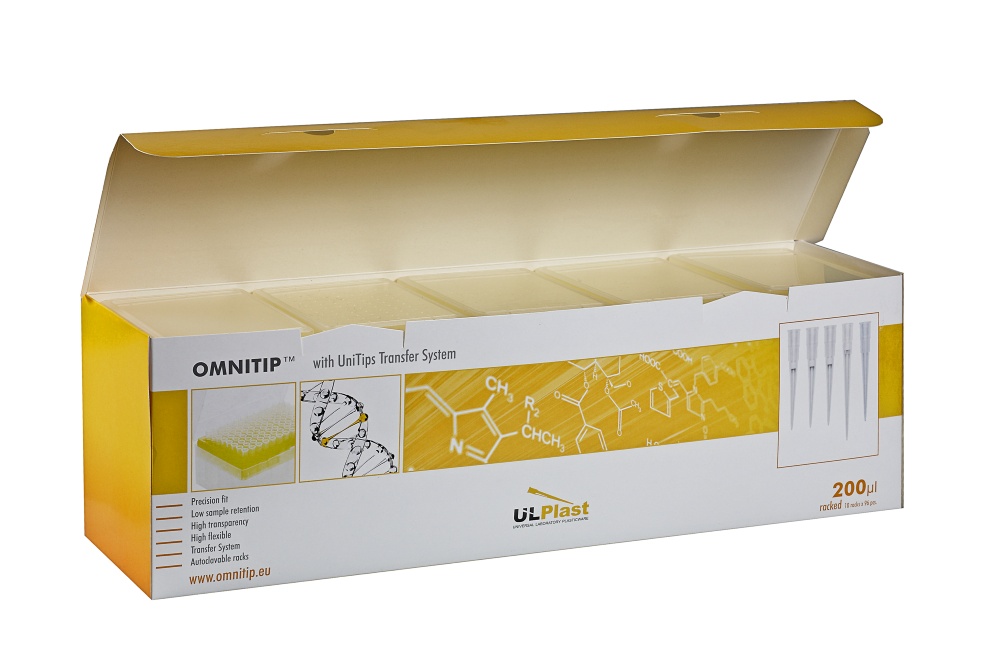 końcówki Omnitip do pipet , poj. 1-200 µl. dł 49,5 mm, żółte, w pudełku typu rack, op.10x96=960szt