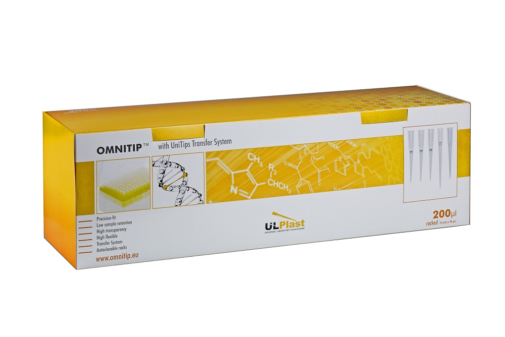 końcówki Omnitip do pipet, poj. 1-200 µl, dł. 49,5 mm, bezbarwne, w pojemnikach typu rack, sterylne bez filtra, op.10x96=960szt