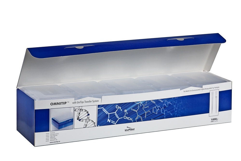 końcówki Omnitip do pipet, poj. 100-1000 µl, dł. 83 mm, bezbarwne, w pojemnikach typu rack, nie sterylne, bez filtra, op.5x96=480szt