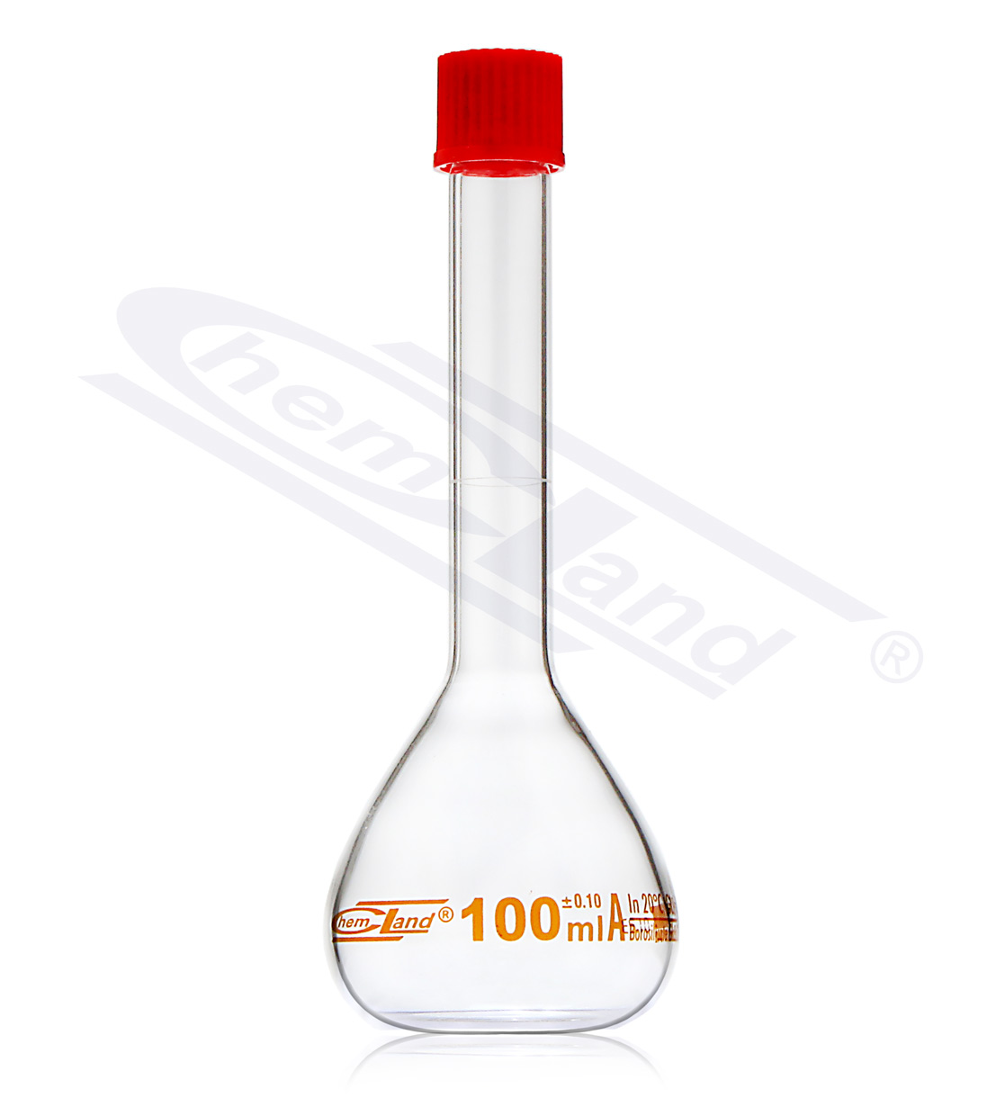 kolba miarowa z certyfikat skala brązow kl A 0050ml z nakrętką GL18 CHEMLAND NEW LINE