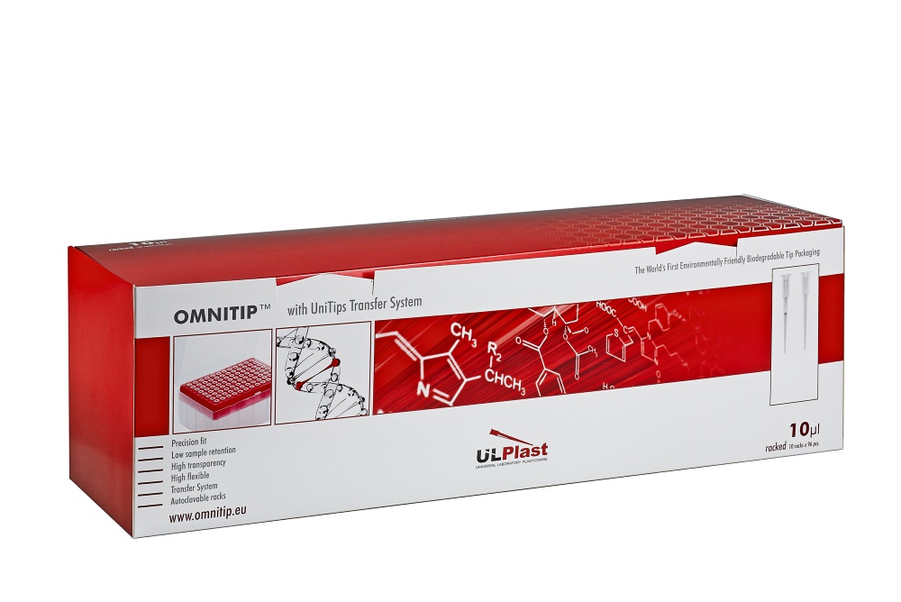 końcówki Omnitip do pipet, poj. 0,5-10 µl, dł. 83 mm, niebieskie, w pojemnikach typu rack, sterylne z filtrem, op.10x96=960szt