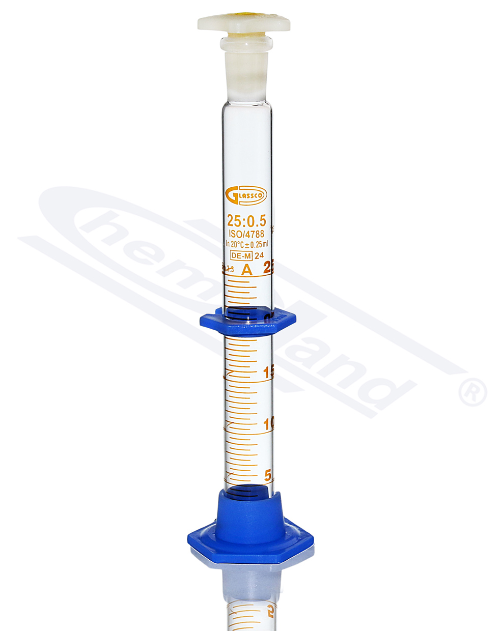 cylinder z korkiem PP, stopa PP, Kl A CERTYFIKAT  0025ml, szlif 14/23,  skala brązowa  GLASSCO