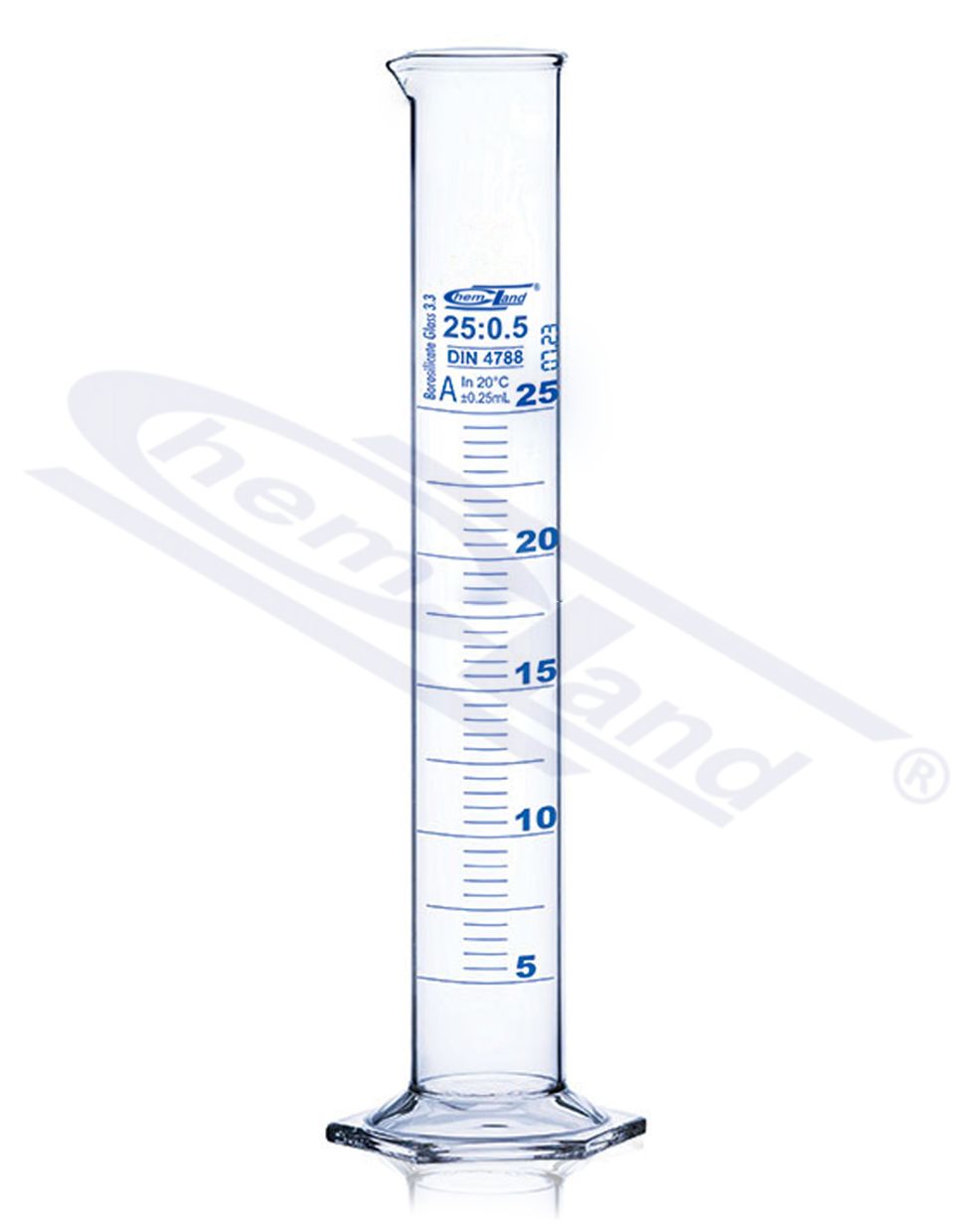 cylinder miarowy CHEMLAND NEW LINE Kl A sk. Niebieska CERTYFIKAT 0025ml st.szkło