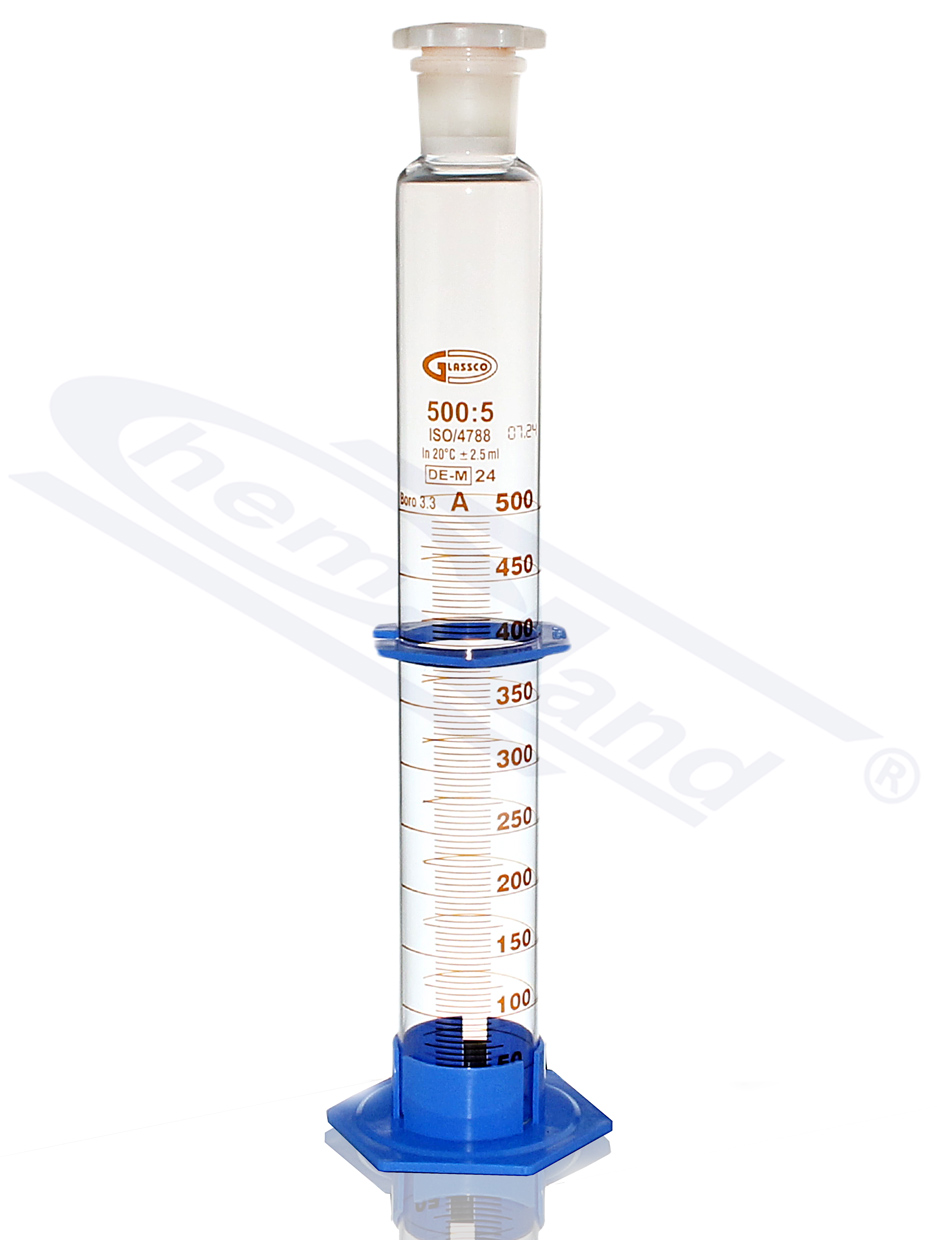 cylinder z korkiem PP, stopa PP, Kl A CERTYFIKAT  0500ml, szlif 34/35, skala brązowa  GLASSCO
