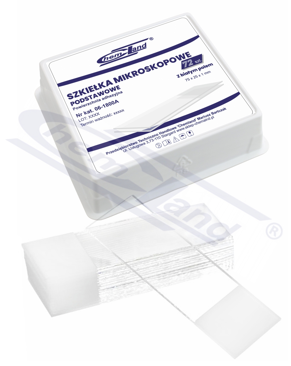 szkiełka mikroskopowe podstawowe, powierzchnia adhezyjna 75x25x1mm, białe pole, Chemland