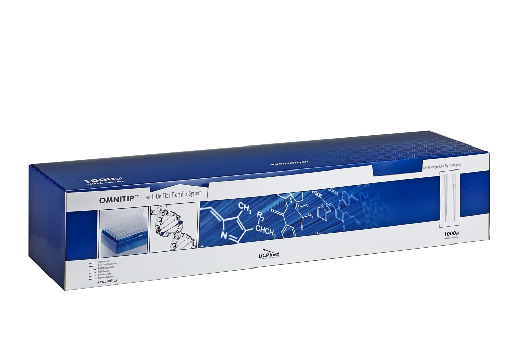 końcówki Omnitip do pipet, poj. 100-1000 µl, dł. 58,5 mm, bezbarwne, w pojemnikach typu rack, sterylne bez filtra, op.5x96=480szt