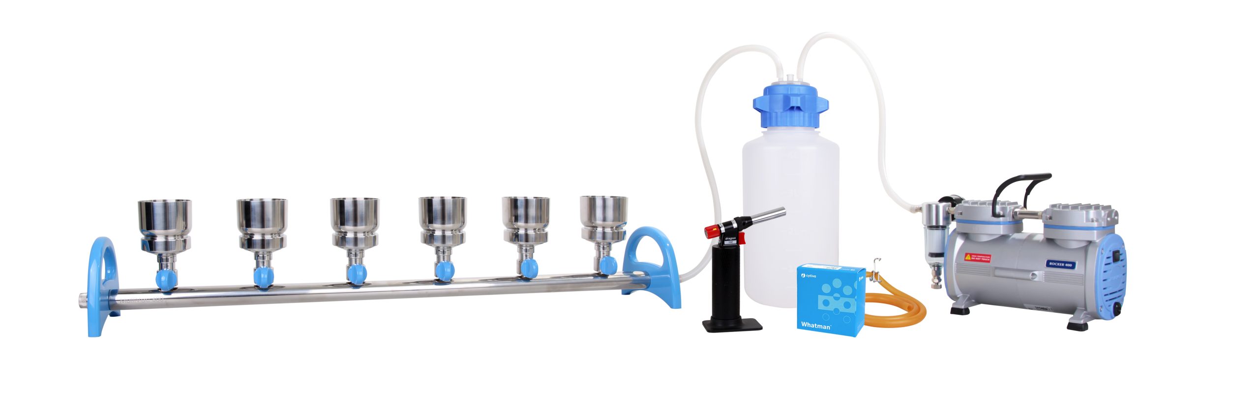 zestaw filtracyjny MultiVac 601-MB-T, 6 miejscowy-listwa z lejami ze stali nierdzewnej 100ml, pompa Rocker 400, butla próżniowa 4L, palnik Dragon 100, filtry MCE 47/50um Rocker